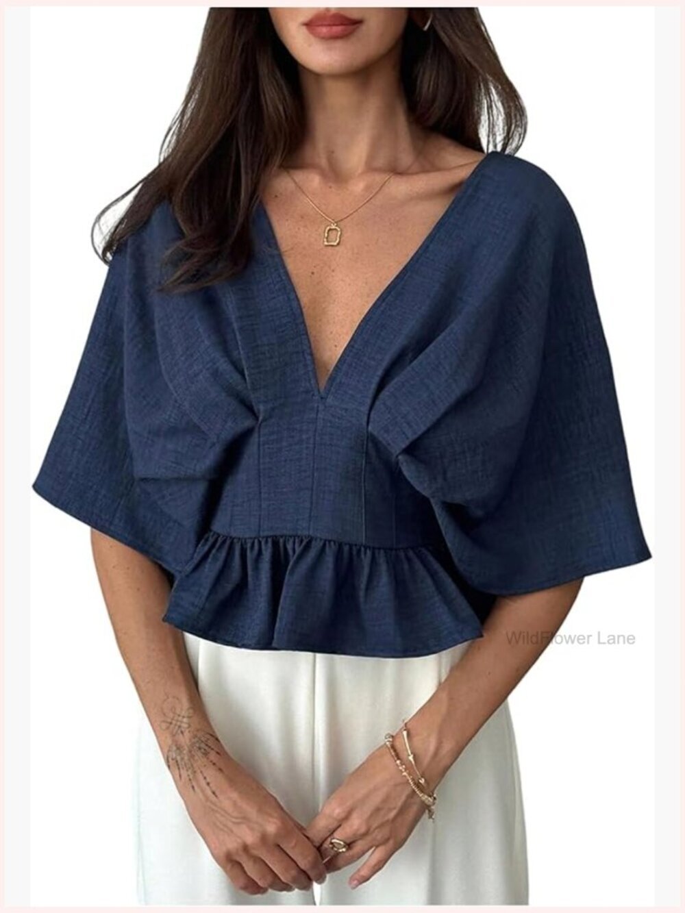 Dolman Sleeve Peplum V Neck Ruffle Blouse Tunic Top